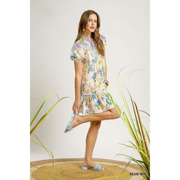 Umgee Floral Print Tie Neckline Puff Sleeves Tiered Babydoll Mini Dress | Blue - Picture 4 of 6